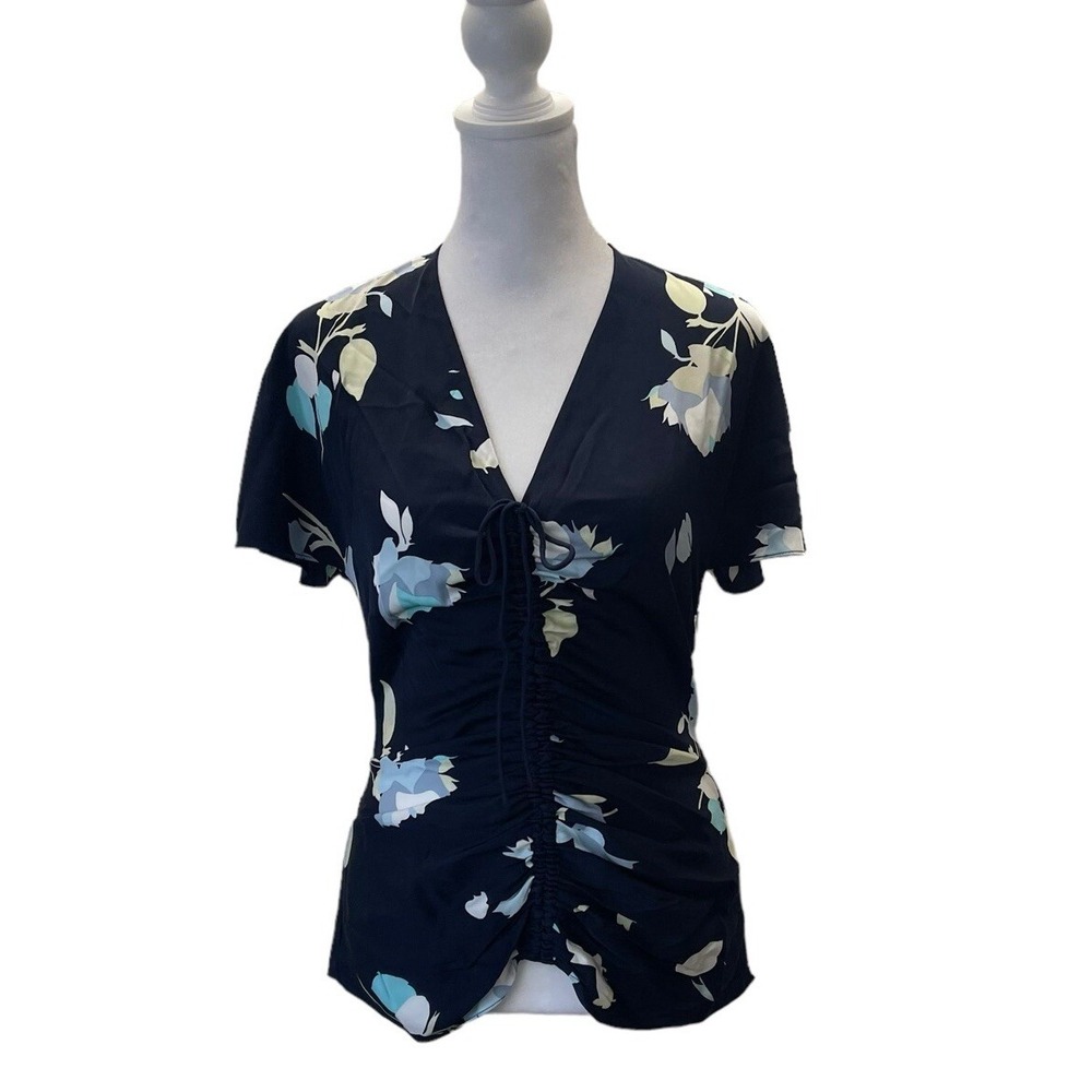 Lewit Top Womens Extra Small Dark Blue Floral Blouse Rouched Front NWT